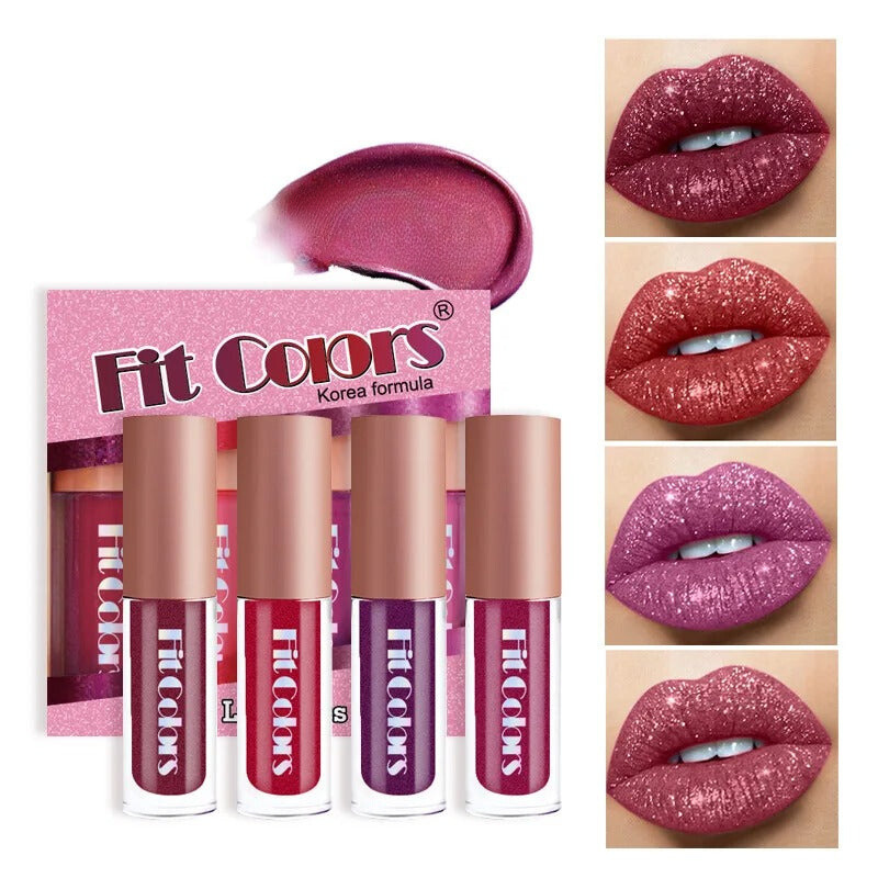 brilho labial matte, brilho labial hidratante, brilho labial longa duração, brilho labial veludo, conjunto de brilho labial, maquiagem fosca, brilho labial 4 peças, cosméticos Fit Colors, brilho labial antiaderente, brilho labial para festas