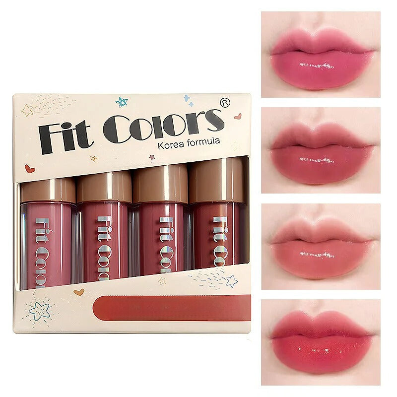 brilho labial matte, brilho labial hidratante, brilho labial longa duração, brilho labial veludo, conjunto de brilho labial, maquiagem fosca, brilho labial 4 peças, cosméticos Fit Colors, brilho labial antiaderente, brilho labial para festas