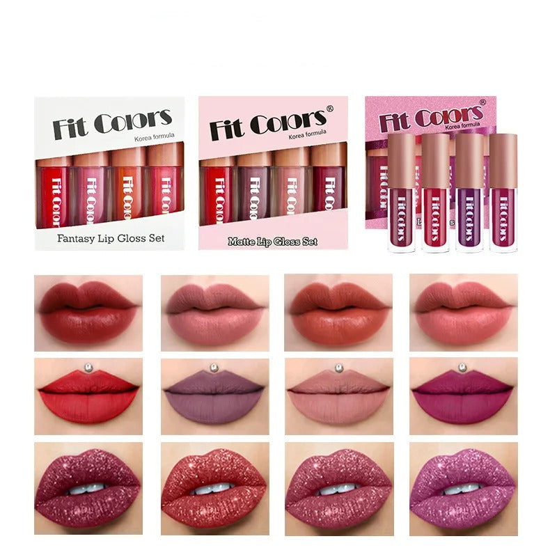 brilho labial matte, brilho labial hidratante, brilho labial longa duração, brilho labial veludo, conjunto de brilho labial, maquiagem fosca, brilho labial 4 peças, cosméticos Fit Colors, brilho labial antiaderente, brilho labial para festas