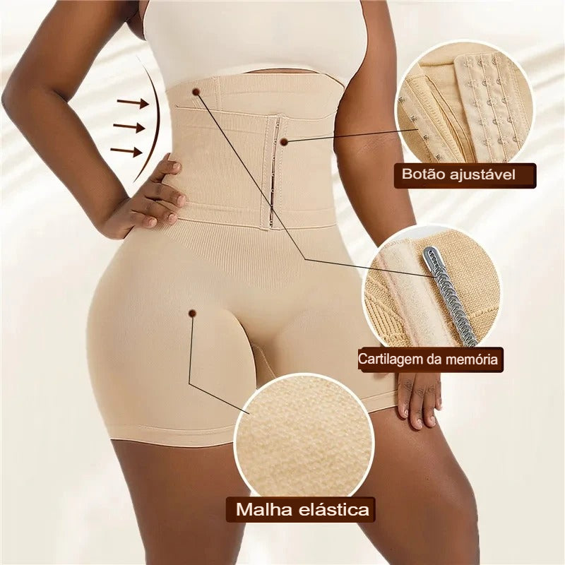 shaper modelador, modelador de cintura alta, shapewear feminino, modelador com gancho, controle de barriga, roupa íntima modeladora, modelador corporal confortável, cinturão modelador, shapewear de nylon, modelador com botões decorativos