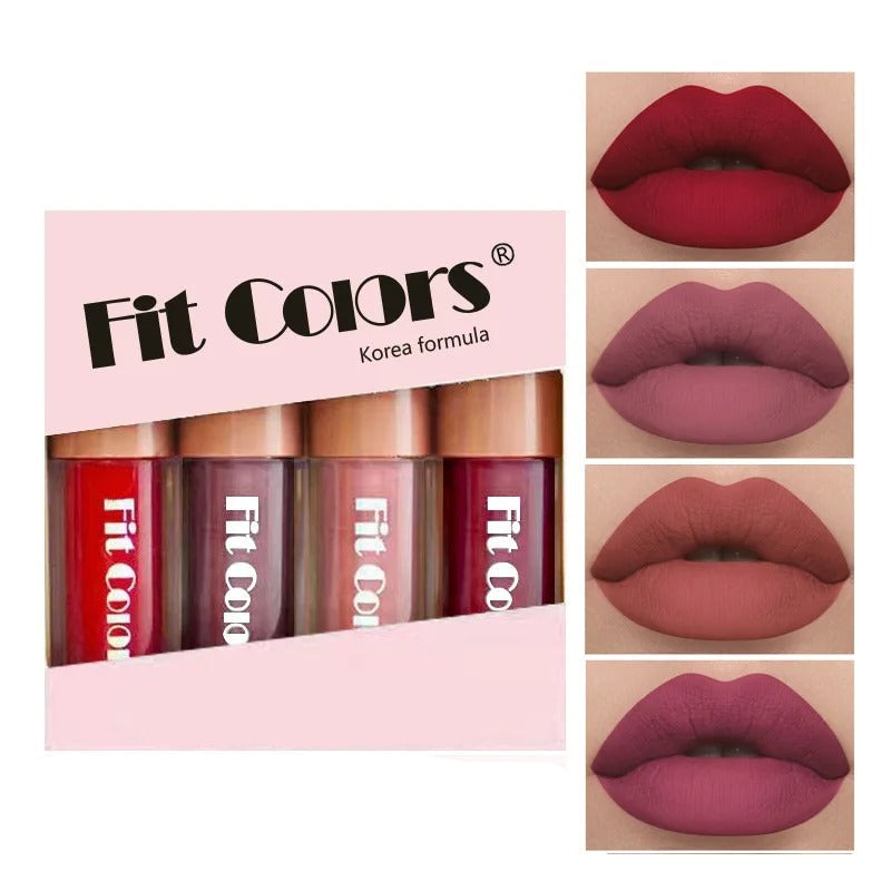 brilho labial matte, brilho labial hidratante, brilho labial longa duração, brilho labial veludo, conjunto de brilho labial, maquiagem fosca, brilho labial 4 peças, cosméticos Fit Colors, brilho labial antiaderente, brilho labial para festas