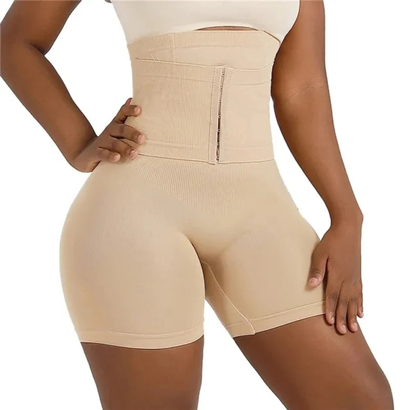 shaper modelador, modelador de cintura alta, shapewear feminino, modelador com gancho, controle de barriga, roupa íntima modeladora, modelador corporal confortável, cinturão modelador, shapewear de nylon, modelador com botões decorativos